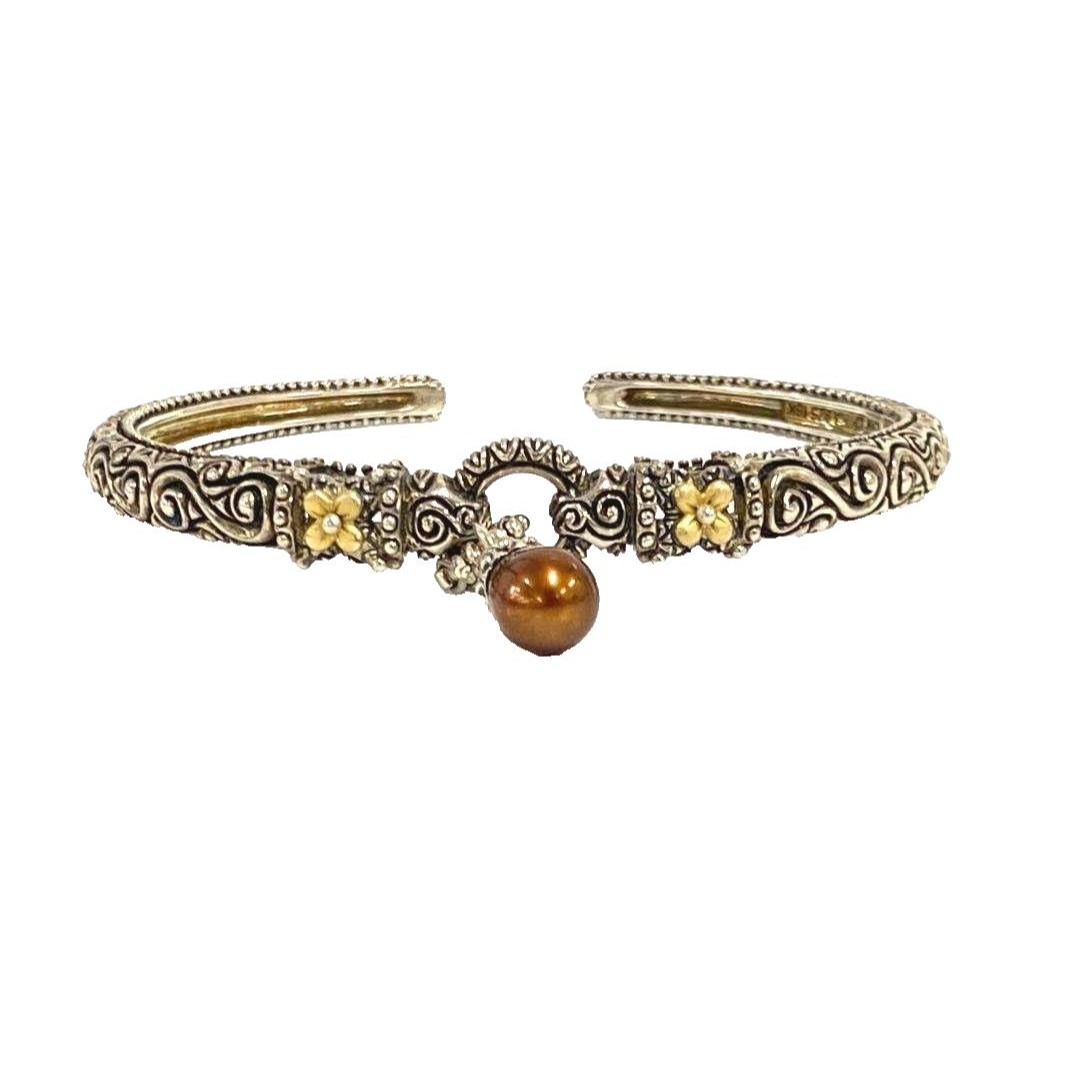 Barbara Bixby 18k Gold 925 Silver Brown Pearl Floral Cuff Bracelet 75 With Box 259$